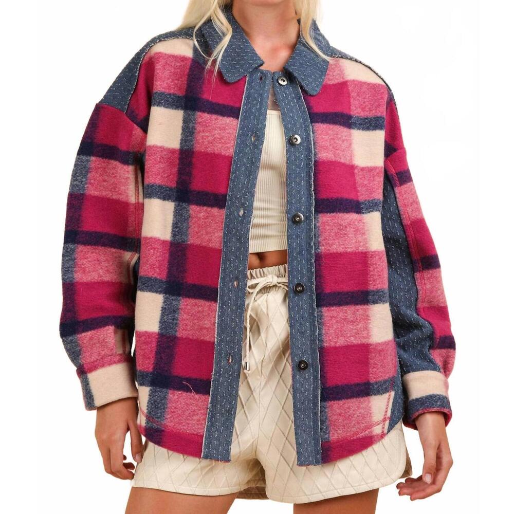 NEW VERY J textured denim contrast plaid shacket in pink
